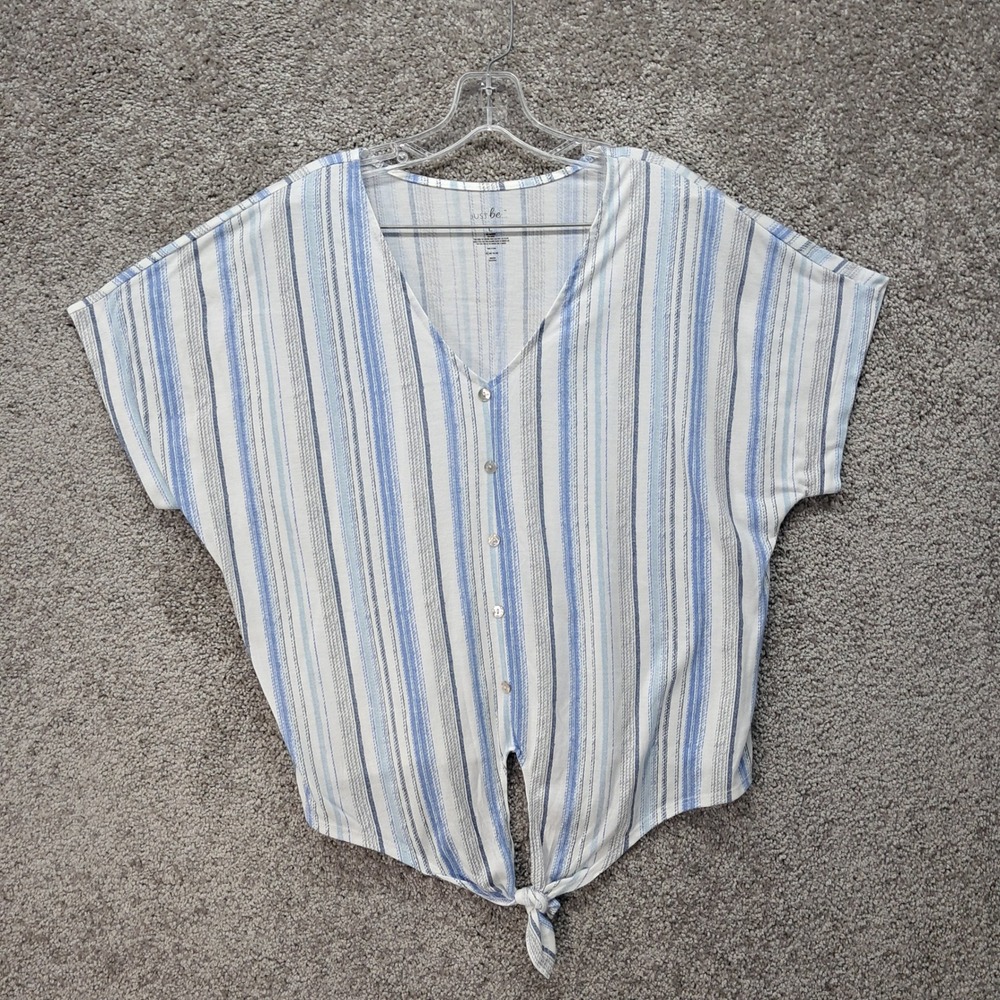 Just Be Women Blue White Striped Tie Front Button V-Neck Short Sleeve Top L